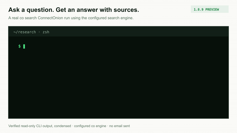 Verified co search preview: a search for ConnectOnion returns an answer with GitHub and website sources, plus a next command to fetch the GitHub page.